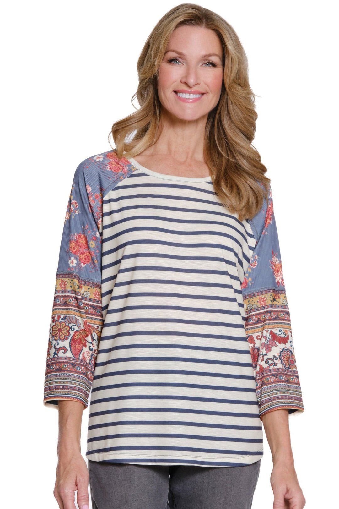 MIXED PRINT RAGLAN SLEEVE KNIT TOP