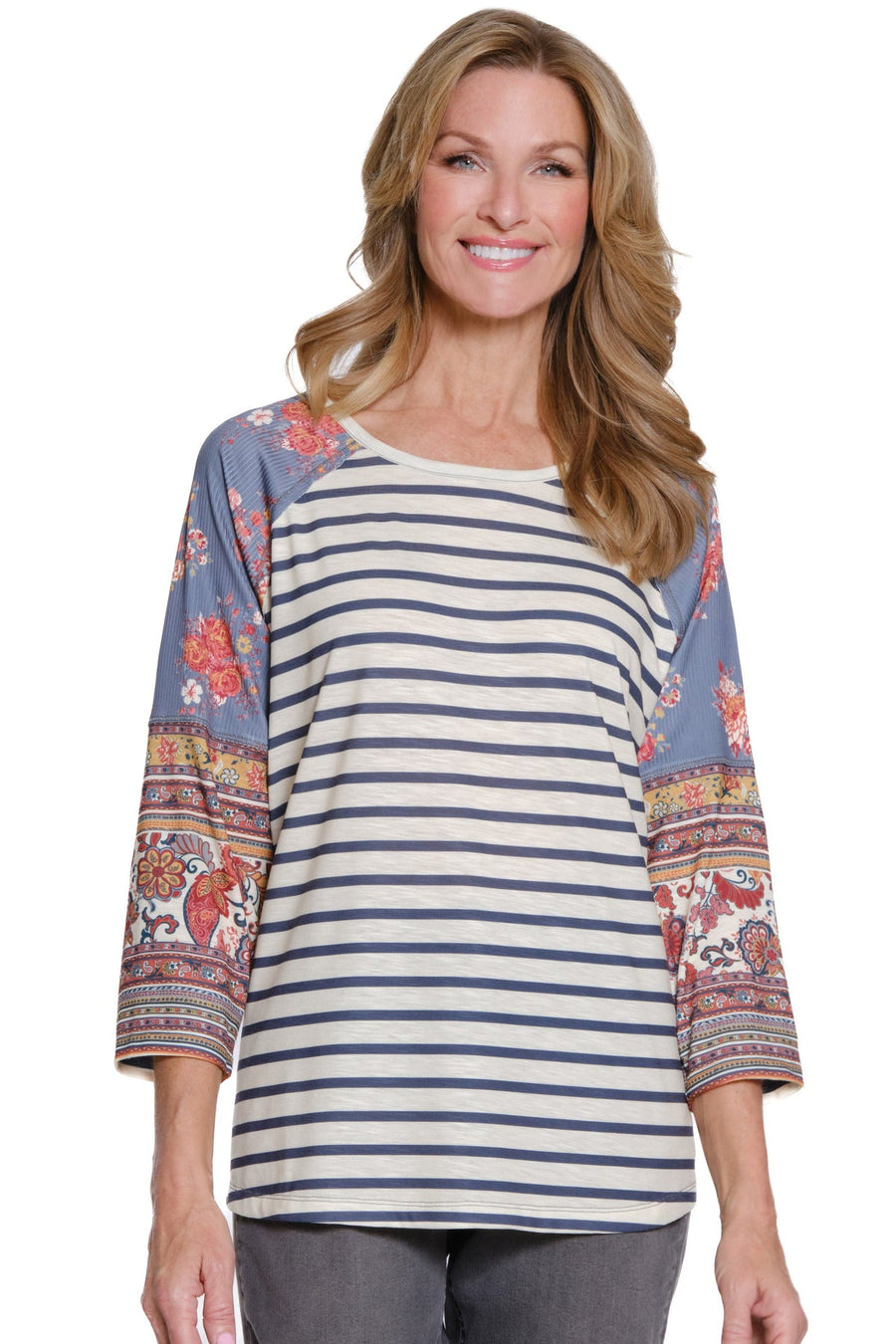 MIXED PRINT RAGLAN SLEEVE KNIT TOP
