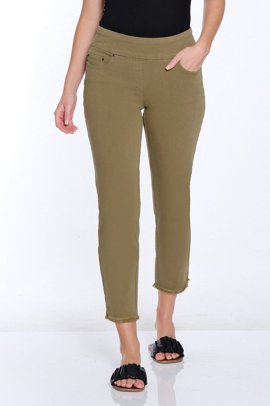 MOSS GREEN 5 POCKET PULL ON ANKLE JEANS

