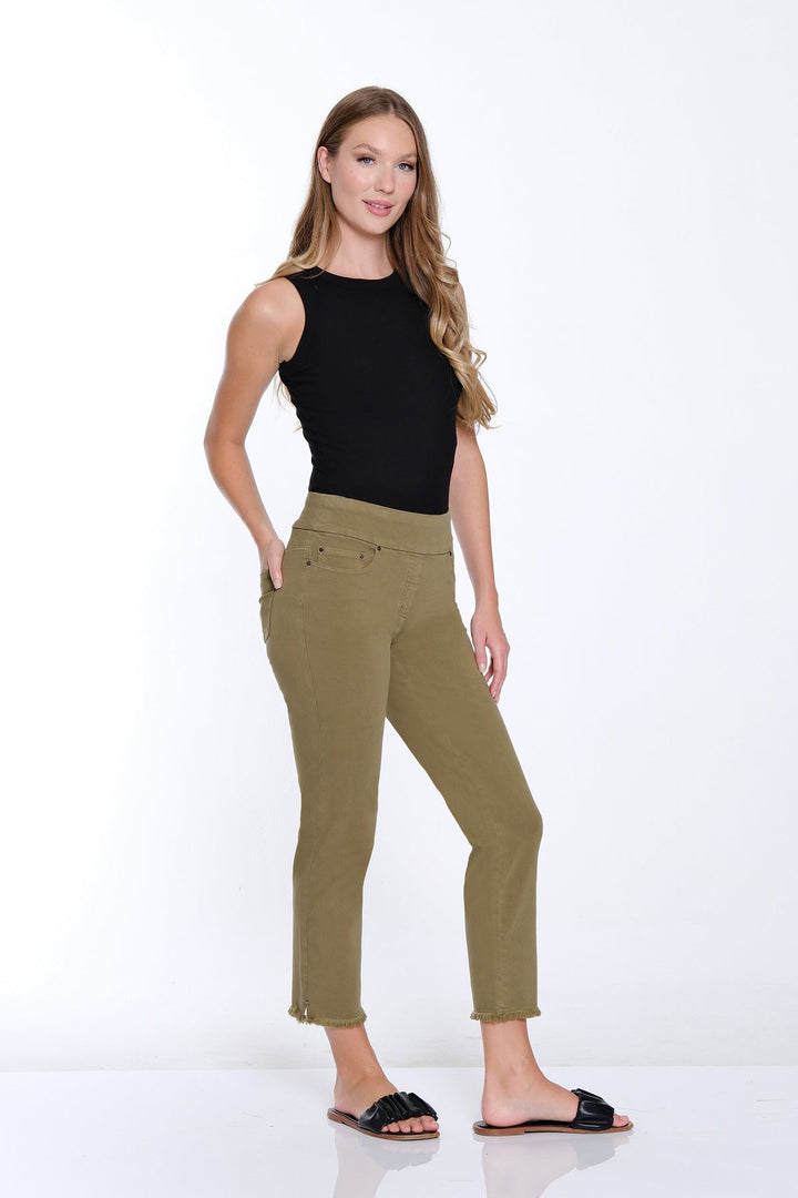 MOSS GREEN 5 POCKET PULL ON ANKLE JEANS