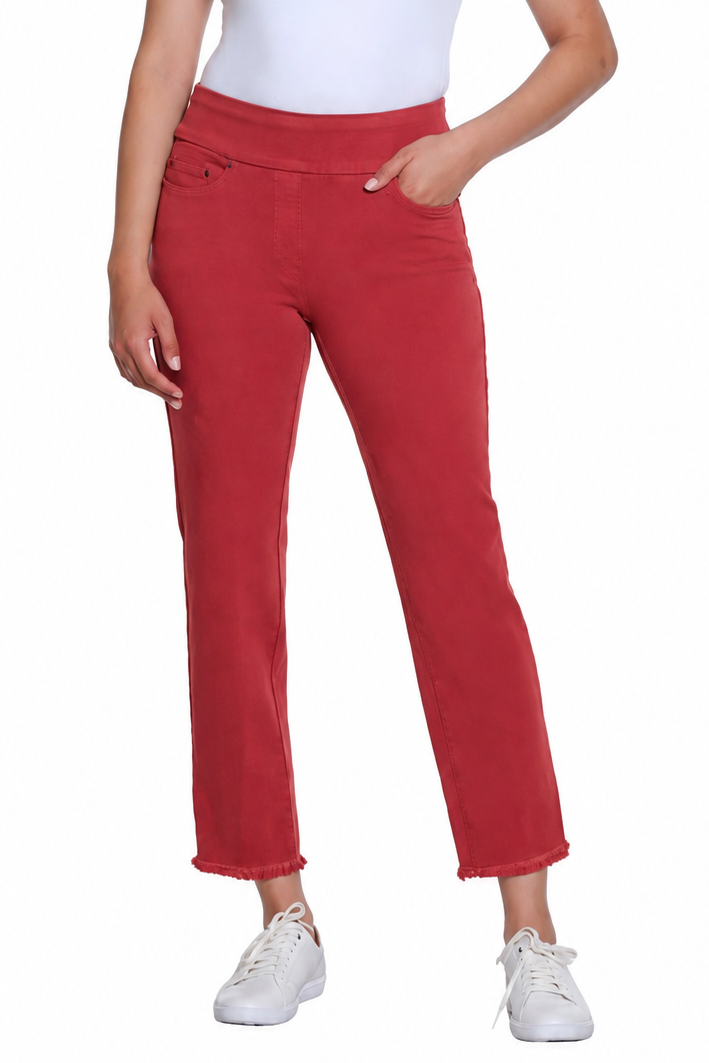 ADA BRICK 5 POCKET WOVEN CROP JEAN W/ FRINGE HEM