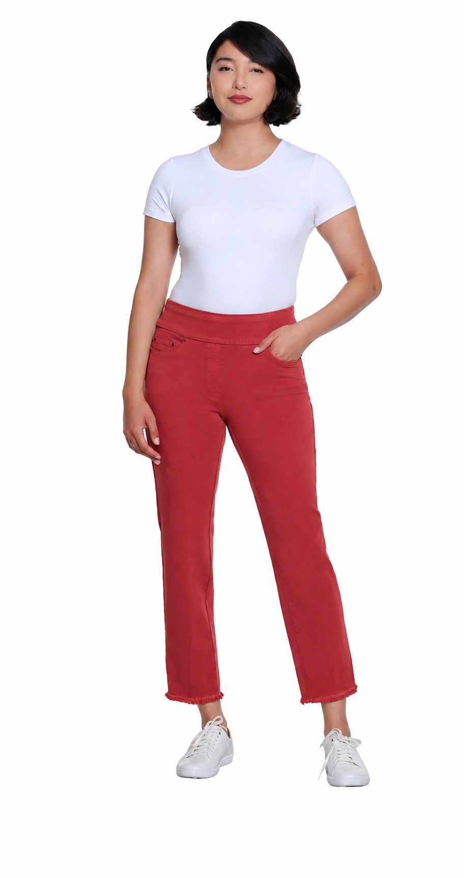 ADA BRICK 5 POCKET WOVEN CROP JEAN W/ FRINGE HEM