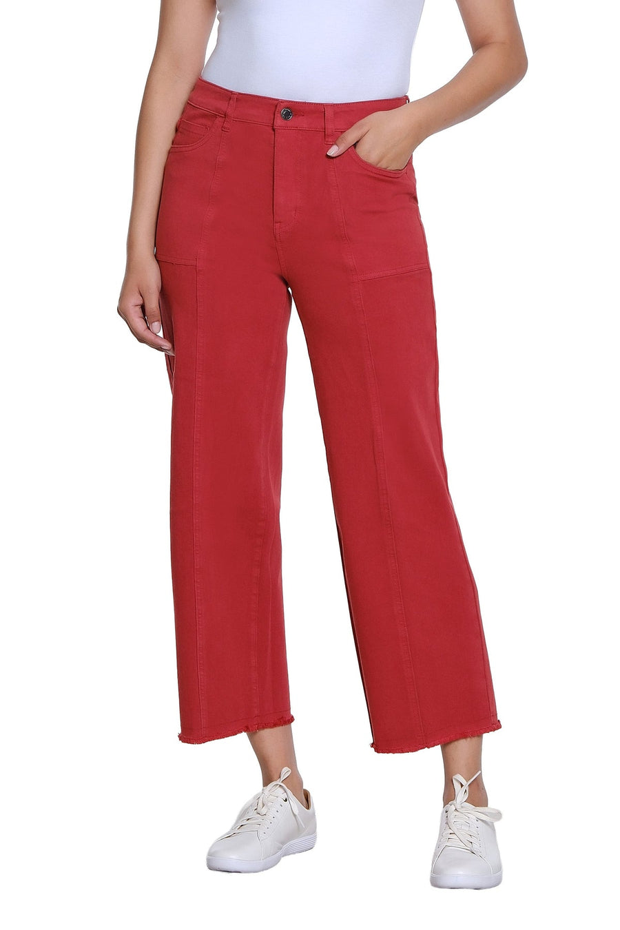 ADA BRICK 5 POCKET WOVEN CROP JEAN W/ FRINGE HEM
