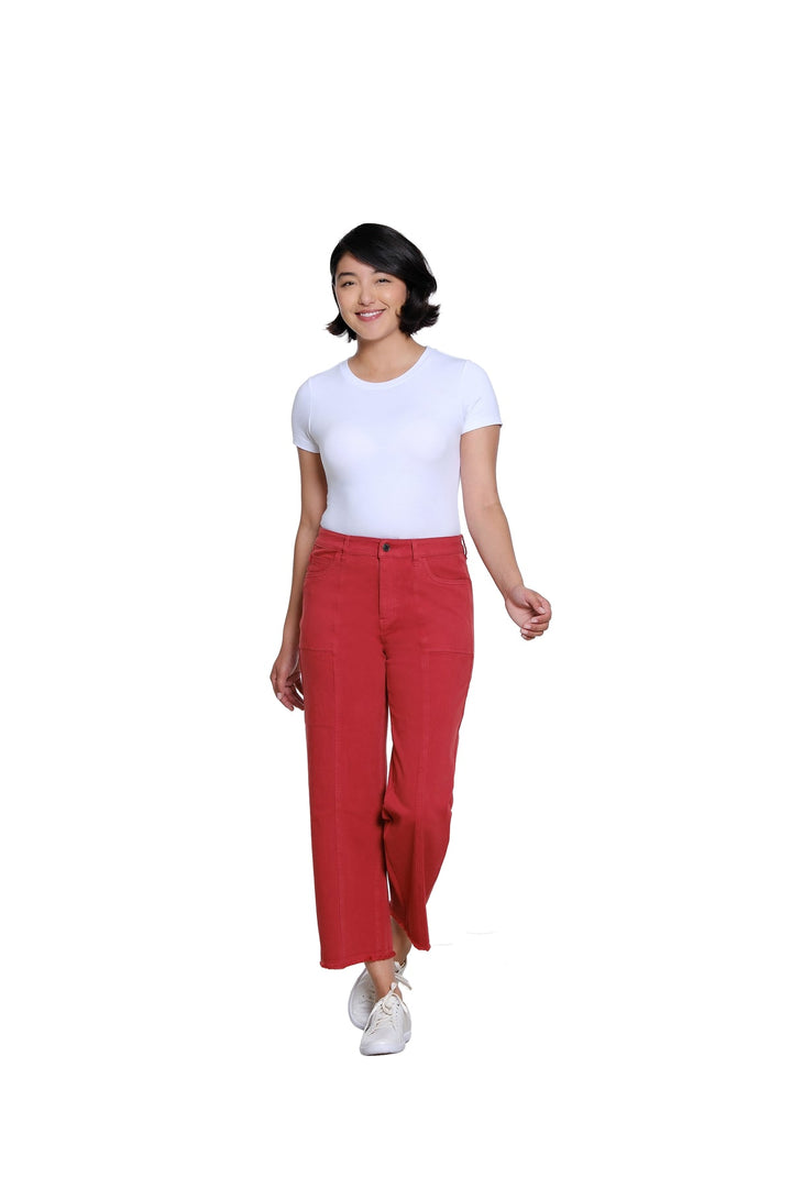 ADA BRICK 5 POCKET WOVEN CROP JEAN W/ FRINGE HEM