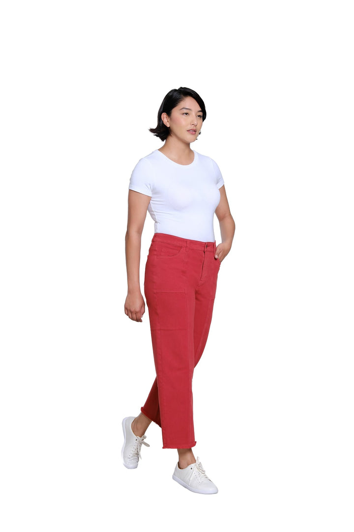ADA BRICK 5 POCKET WOVEN CROP JEAN W/ FRINGE HEM