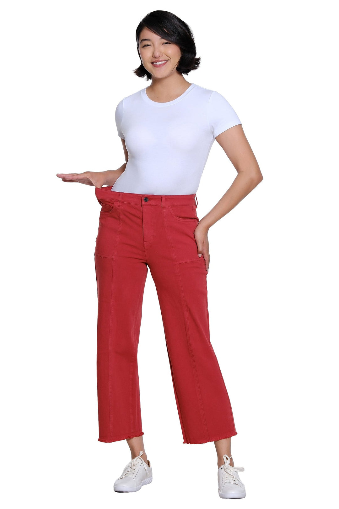 ADA BRICK 5 POCKET WOVEN CROP JEAN W/ FRINGE HEM