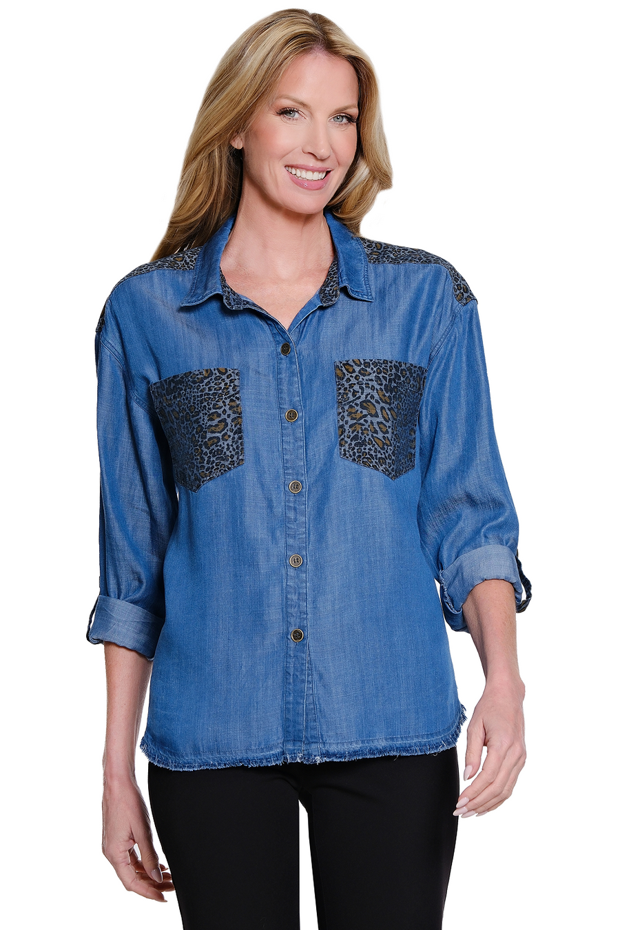 LORI CUFFED SLEEVE CHEETAH POCKET HI-LOW SHIRT
