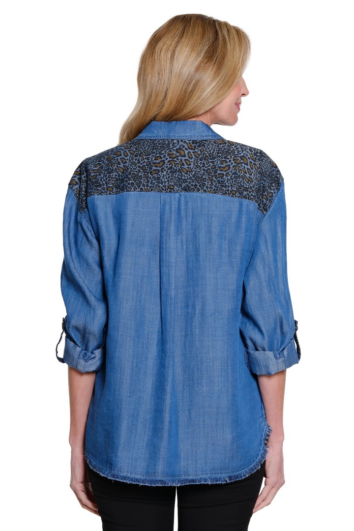 LORI CUFFED SLEEVE CHEETAH POCKET HI-LOW SHIRT
