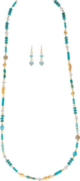Gold Long Blue Donut & Glass Bead Necklace Set
