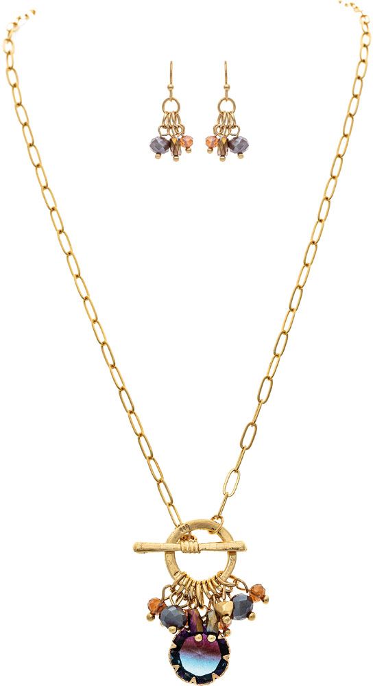 Gold Purple/Blue Bicolor Gem Charm Necklace Set
