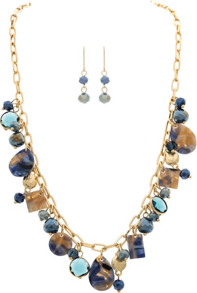 GOLD CHARMY BLUE BEADED NECKLACE SET