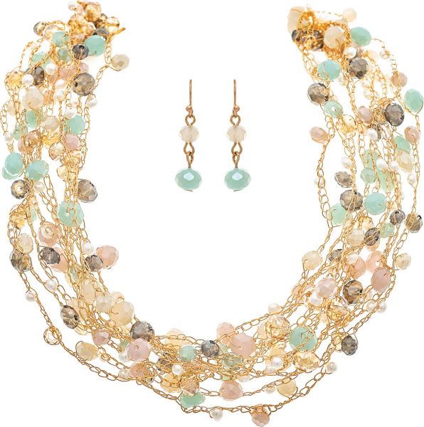 GOLD PASTEL MULTI PEARL BEADED NECKLACE SET