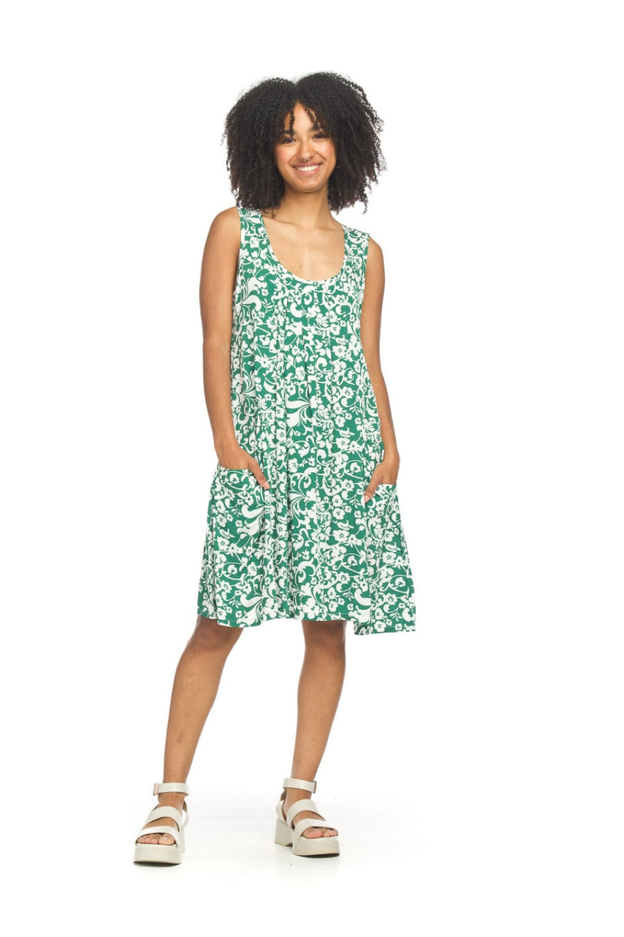SUMMER STROLL GREEN  FLORAL KNIT TANK DRESS
