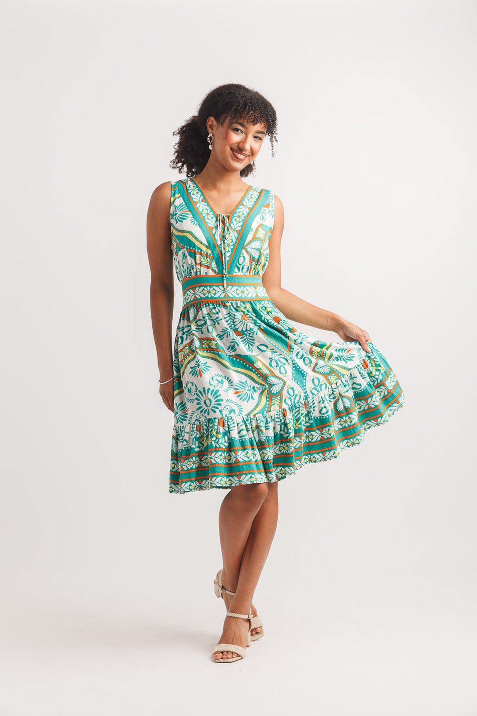 JENNA GREEN BOHO PRINT SLEEVELESS V NECK DRESS