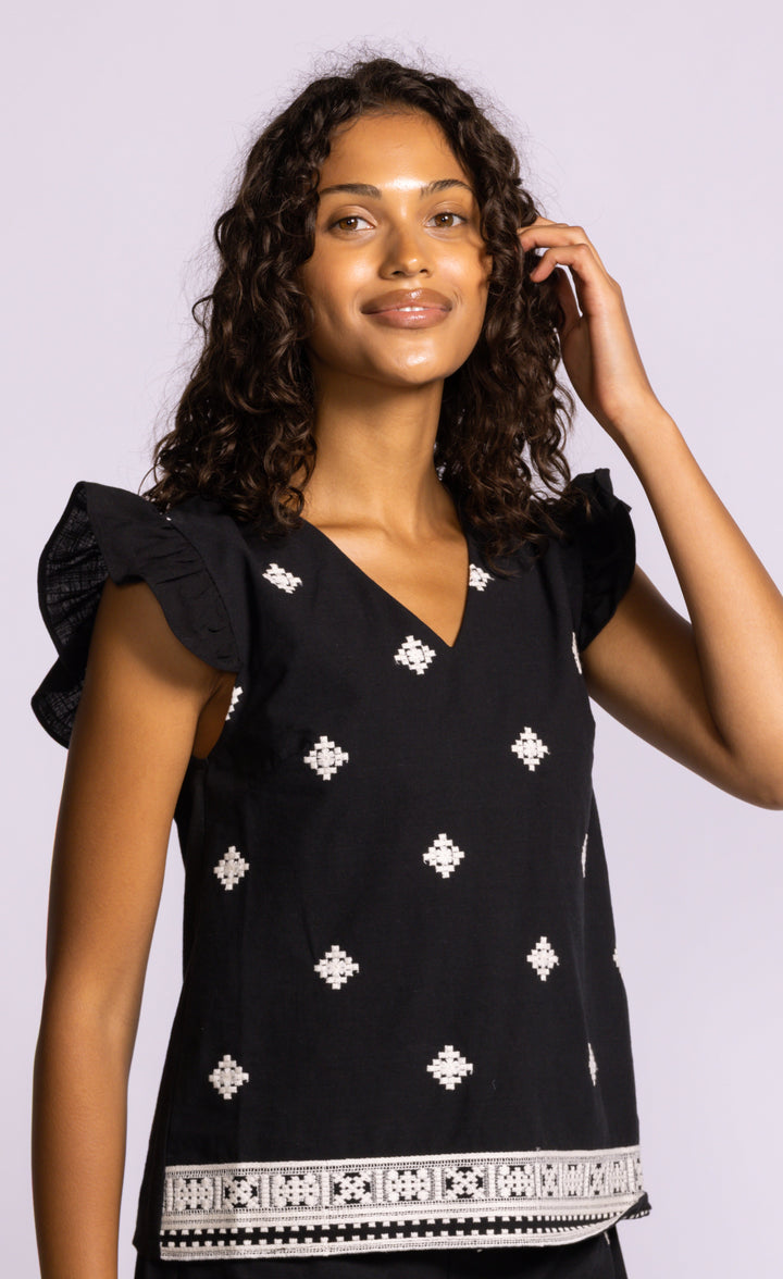 SATICOY BLACK FLUTTER SLEEVE TOP