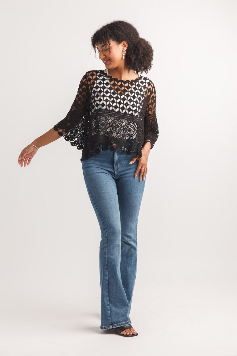 SOPHIA BLACK CROCHET LACE SWEATER
