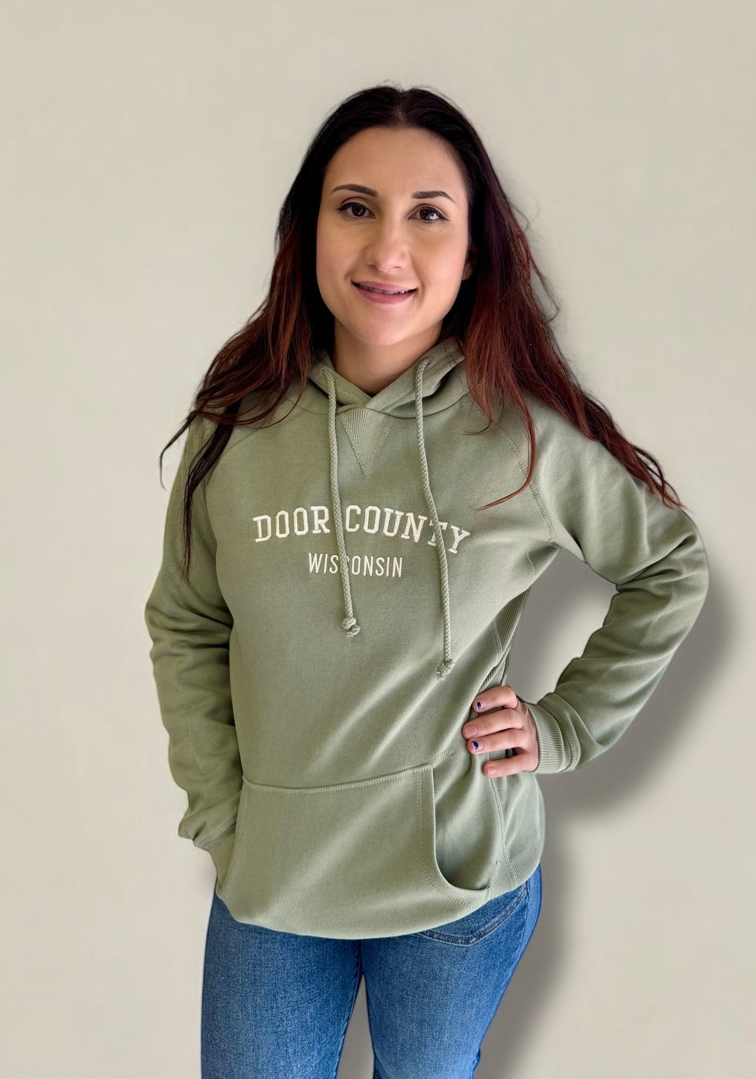 GREEN TEA DOOR COUNTY EMBROIDERED RAGLAN HOODIE