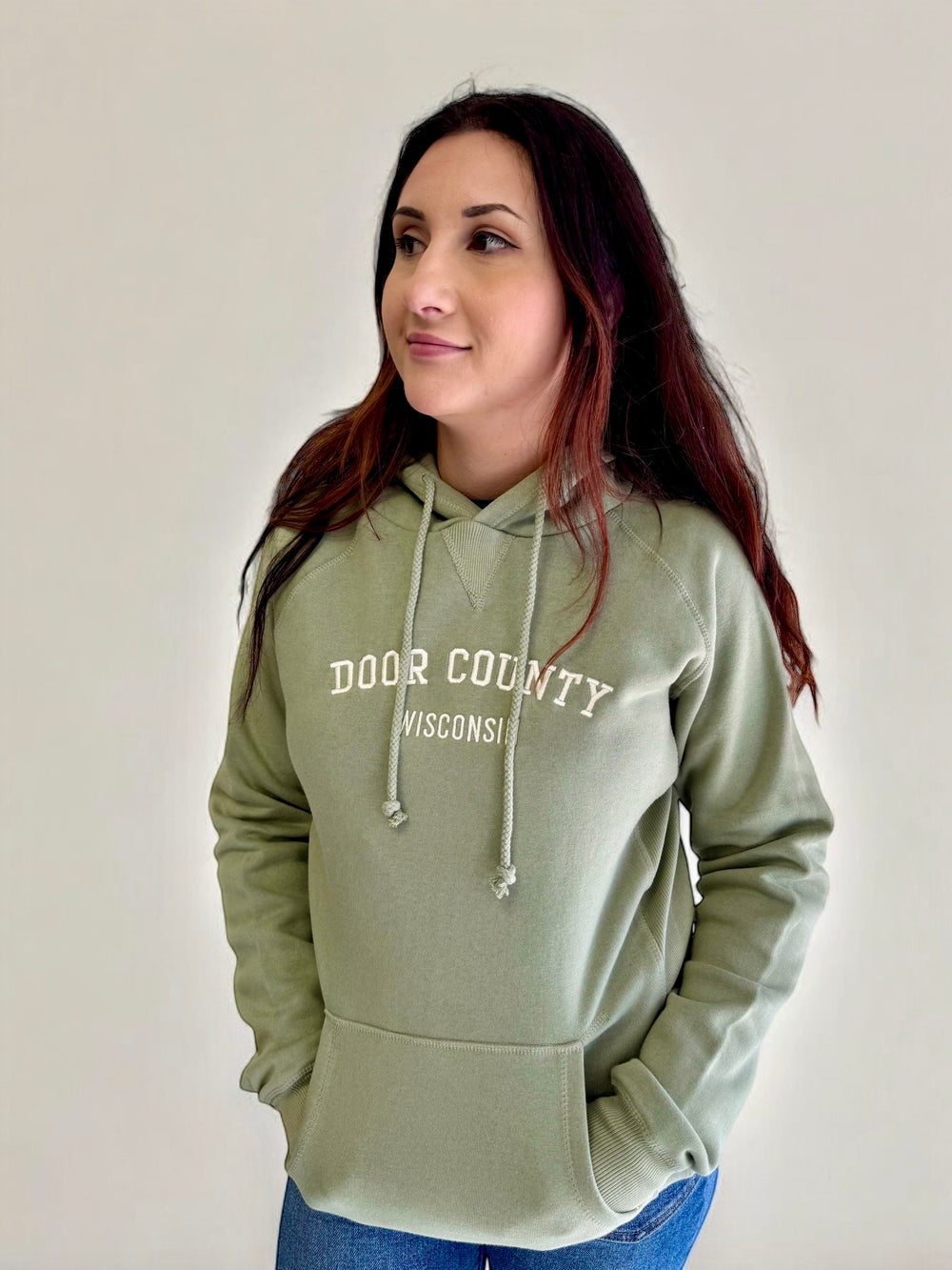 GREEN TEA DOOR COUNTY EMBROIDERED RAGLAN HOODIE
