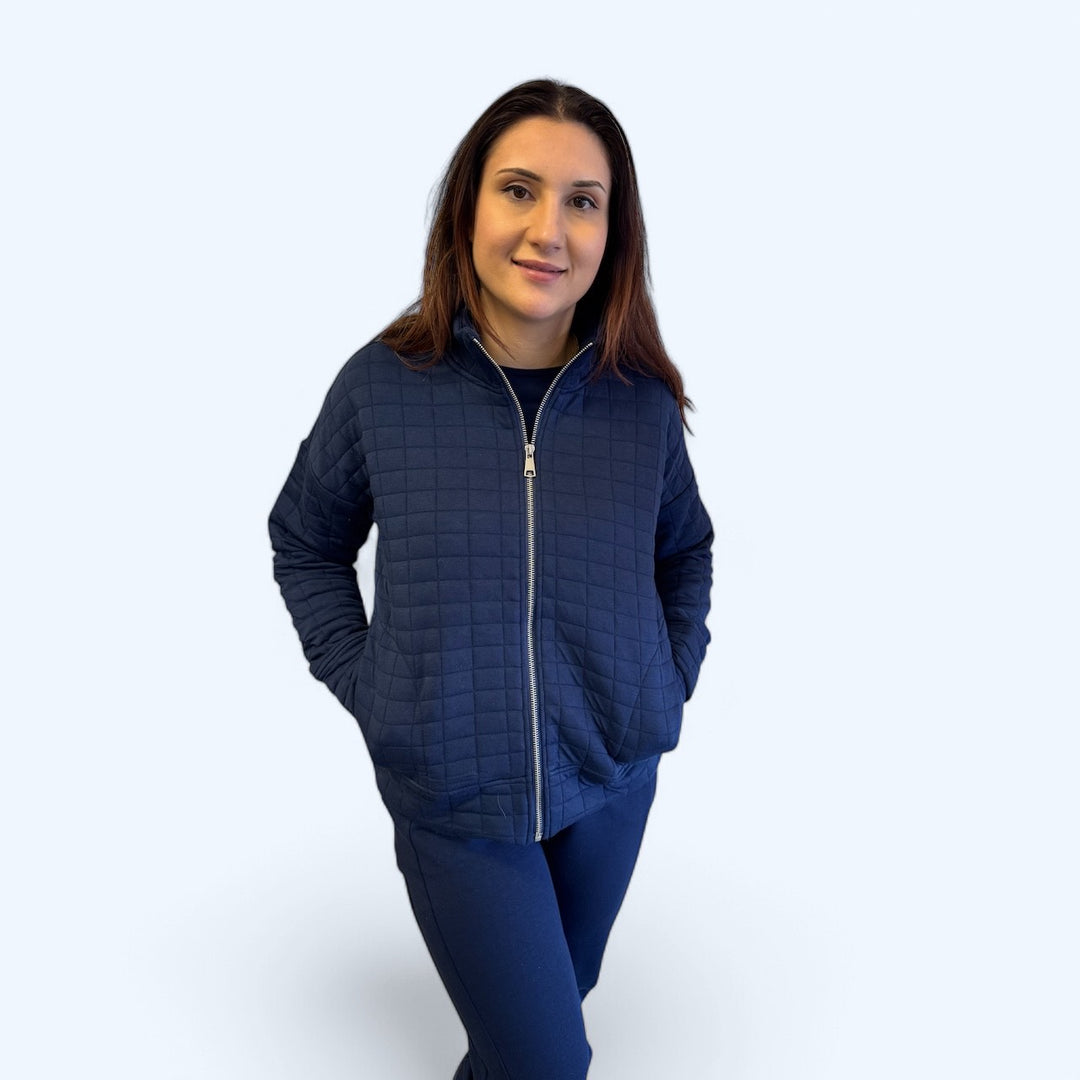 NAVY FULL ZIP QUILTED WAFFLE JACKET