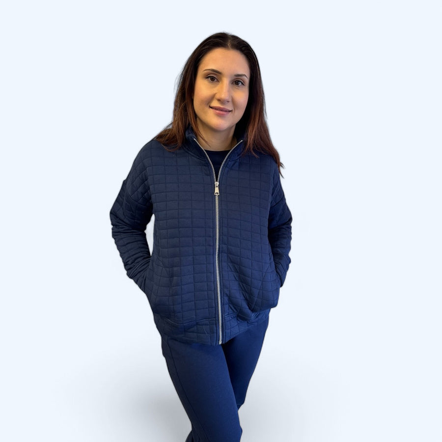 NAVY FULL ZIP QUILTED WAFFLE JACKET
