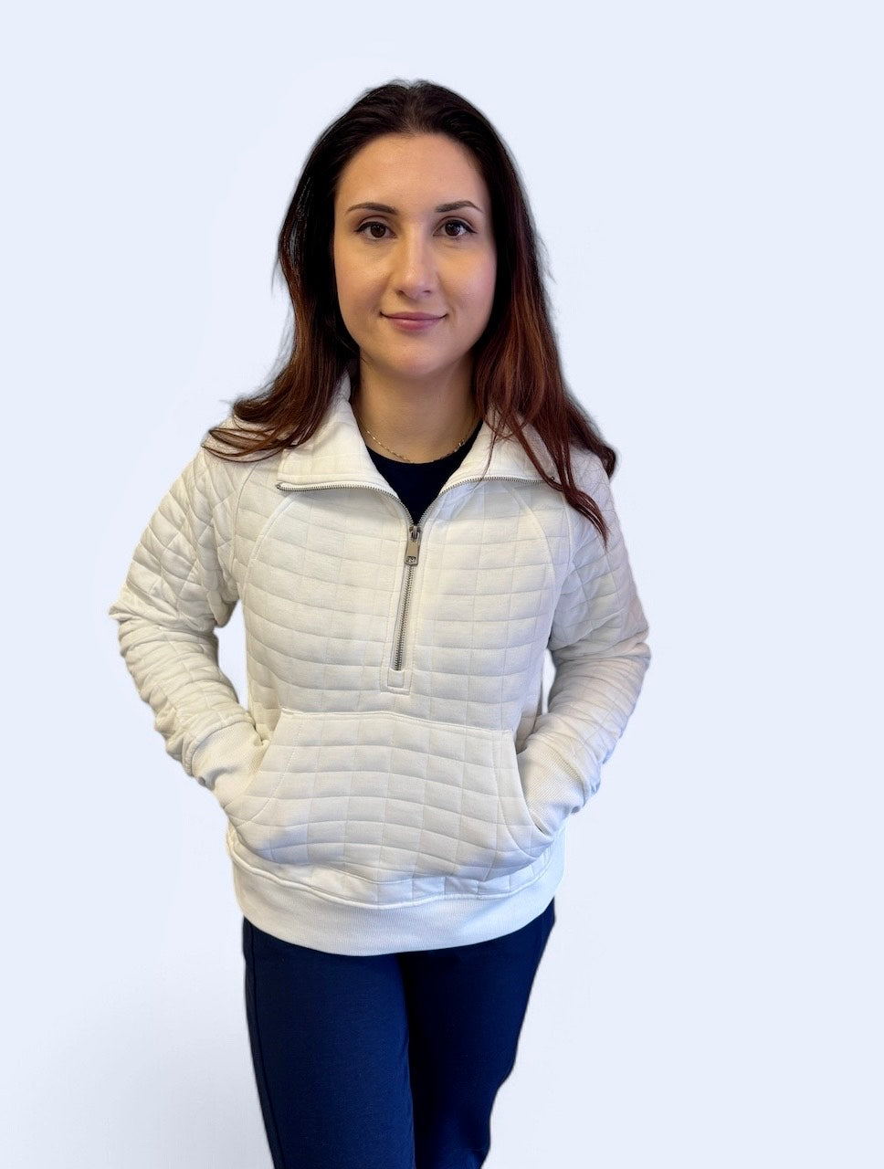 WHITE HALF ZIP QUILTED WAFFLE PULLOVER
