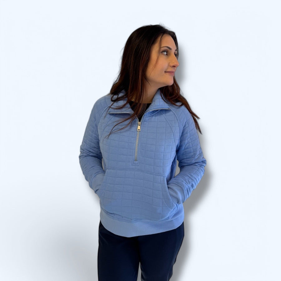 PERIWINKLE HALF ZIP QUILTED WAFFLE PULLOVER
