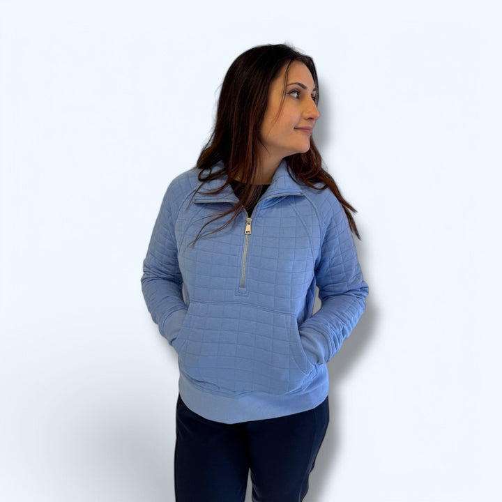 PERIWINKLE HALF ZIP QUILTED WAFFLE PULLOVER