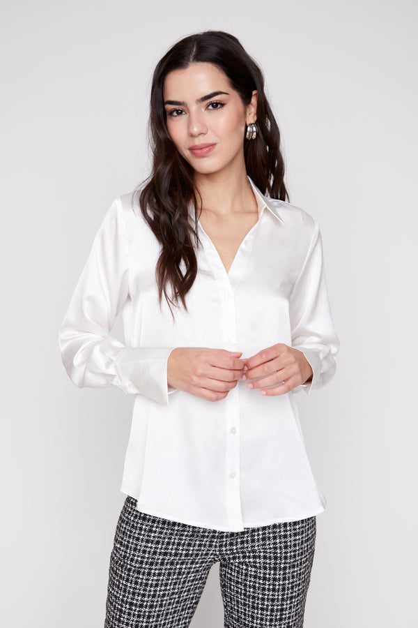 CREAM SPLIT V-NECK WAFFLE TEXTURE BLOUSE