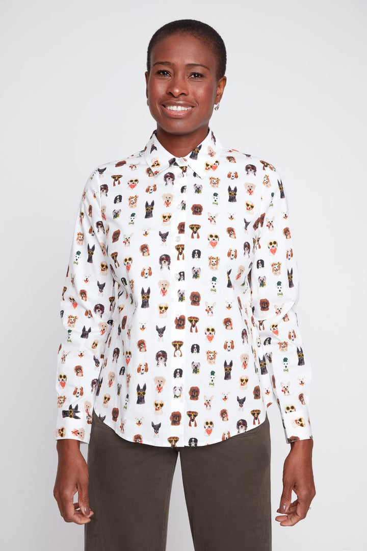 TOO CHIC PUPPY PRINT POPLIN BLOUSE