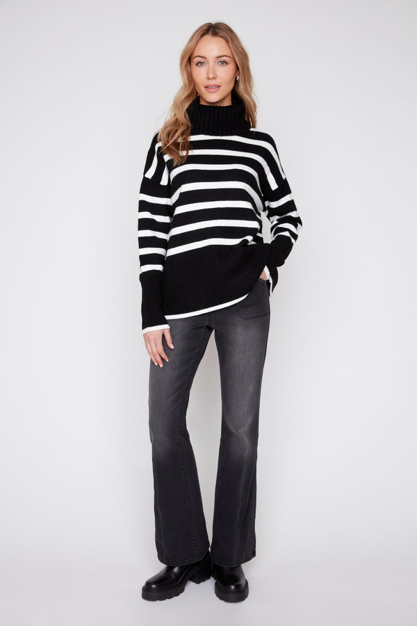 RENUAR BLACK STRIPE MOCK NECK SWEATER