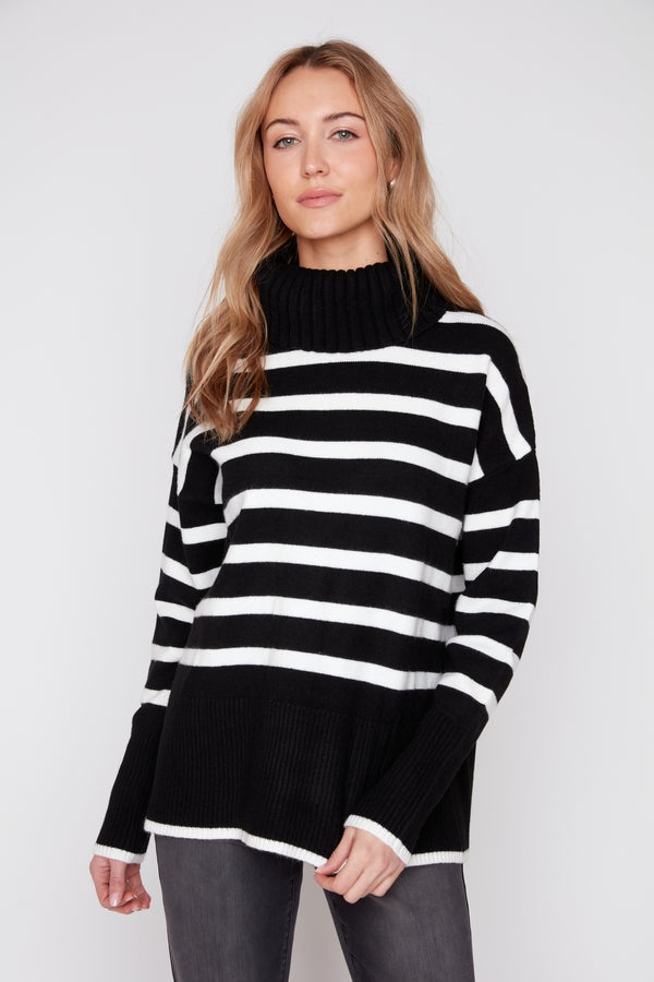 RENUAR BLACK STRIPE MOCK NECK SWEATER
