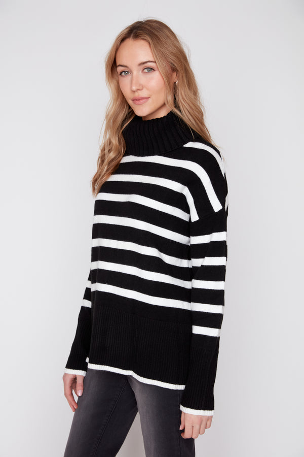RENUAR BLACK STRIPE MOCK NECK SWEATER
