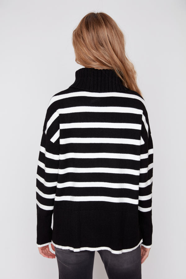 RENUAR BLACK STRIPE MOCK NECK SWEATER