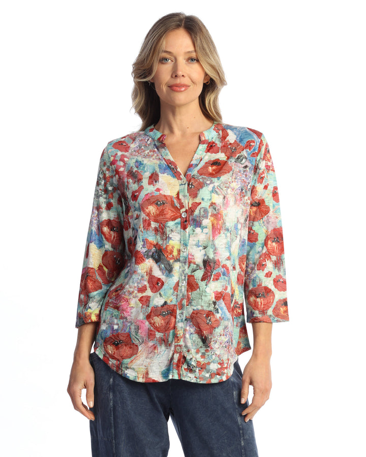 PRIMA POPPIES MANDARIN COLLAR BUTTON-DOWN SHIRT
