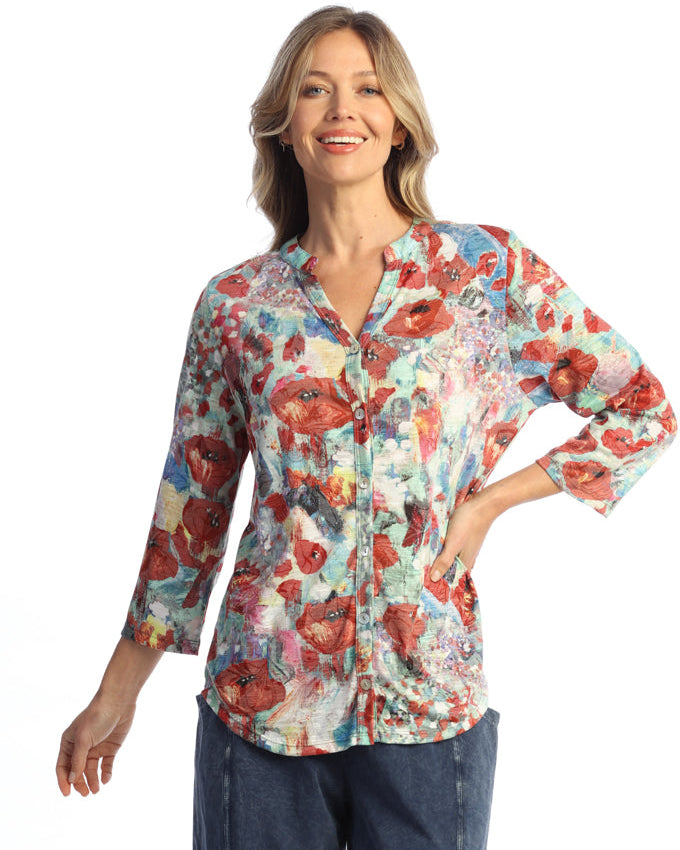 PRIMA POPPIES MANDARIN COLLAR BUTTON-DOWN SHIRT