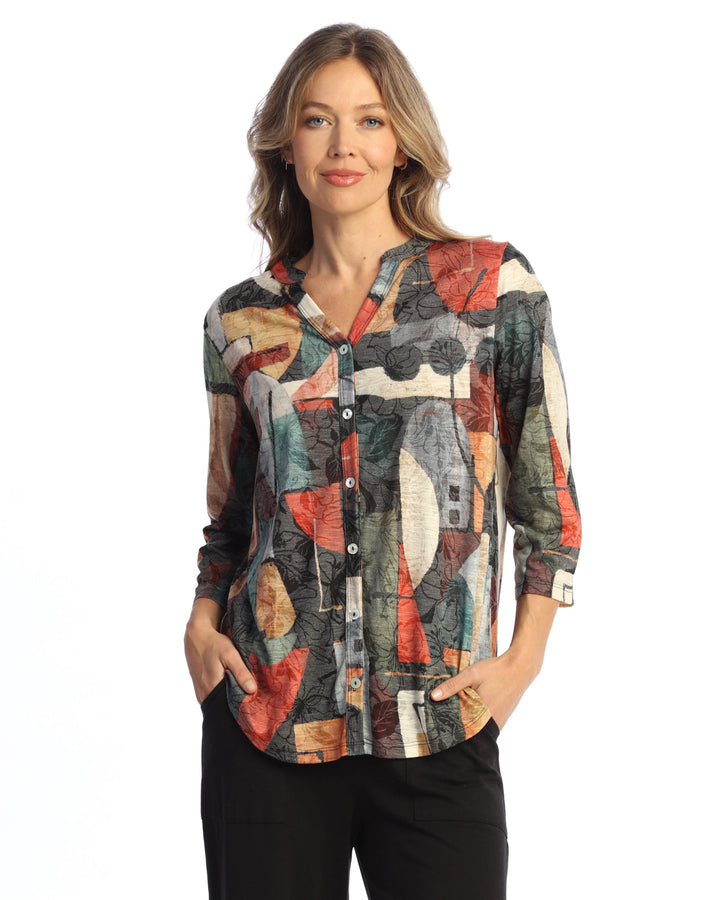 CUBISM  MANDARIN COLLAR BUTTON-DOWN SHIRT