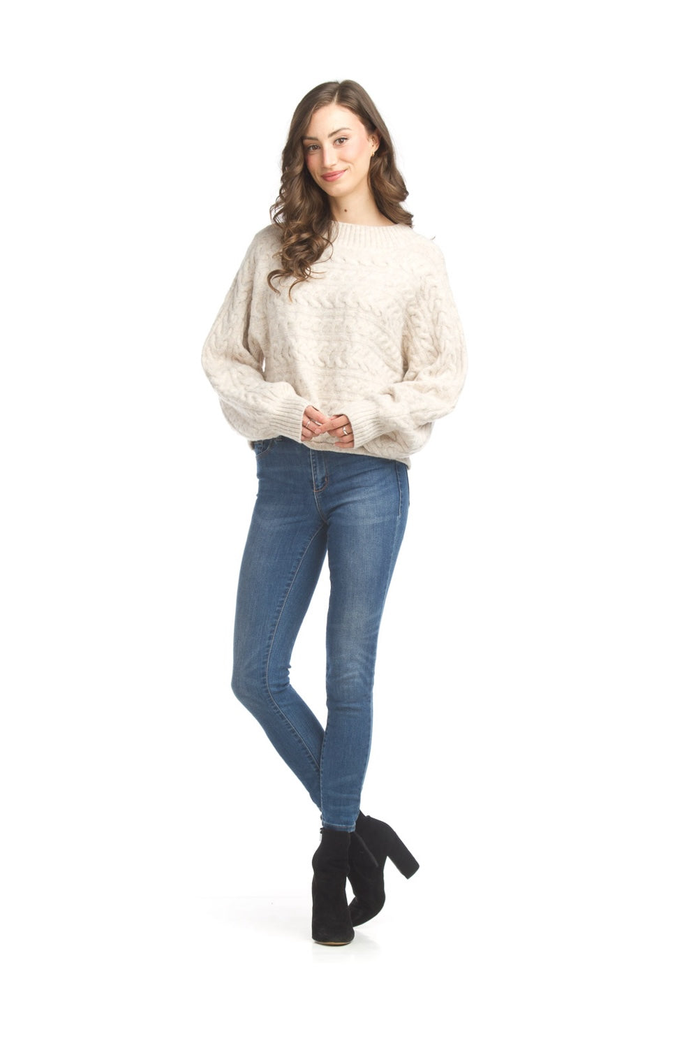 OATMEAL CROP CABLE RIBBED SWEATER