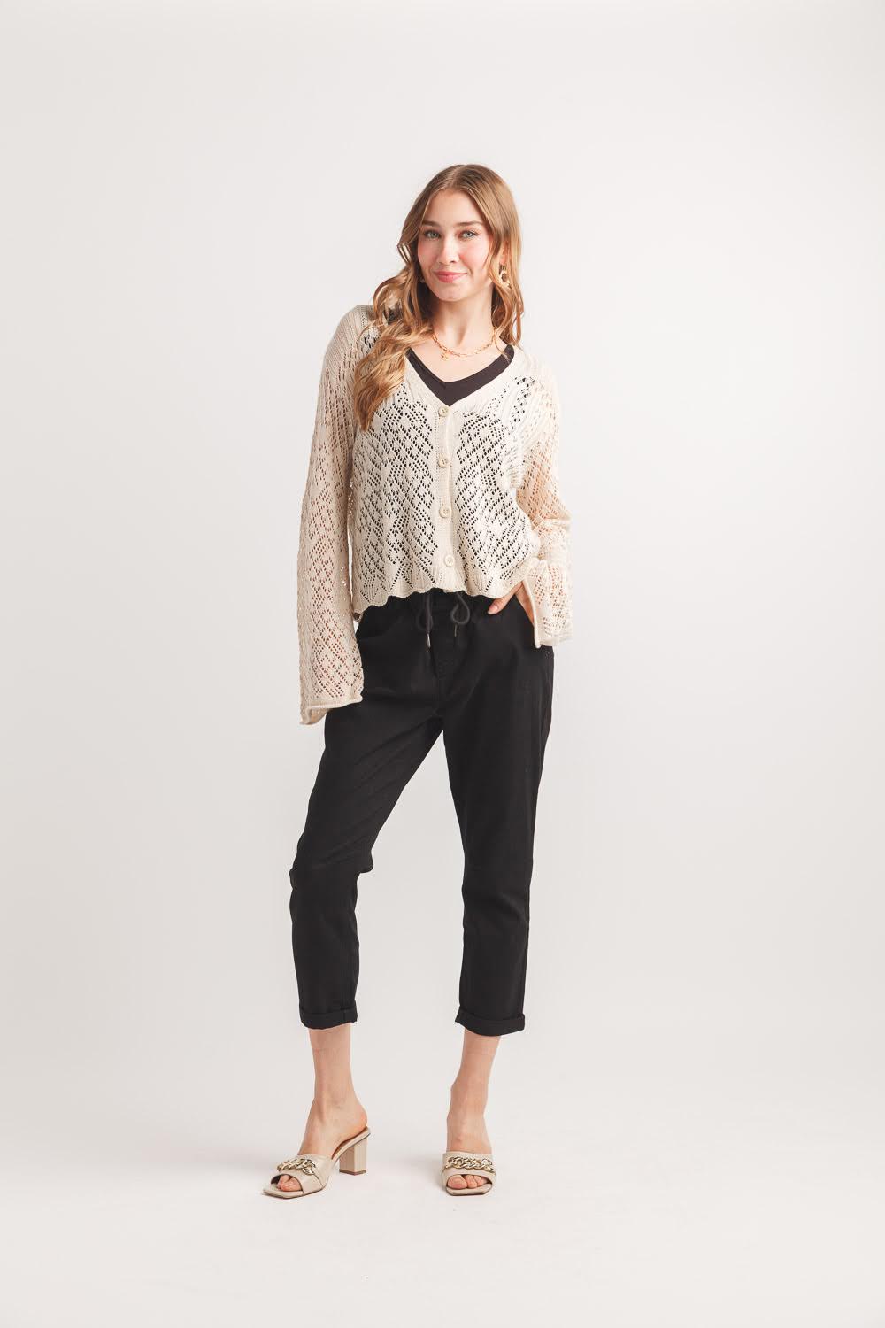 JORI BEIGE POINTELLE KNIT CARDIGAN