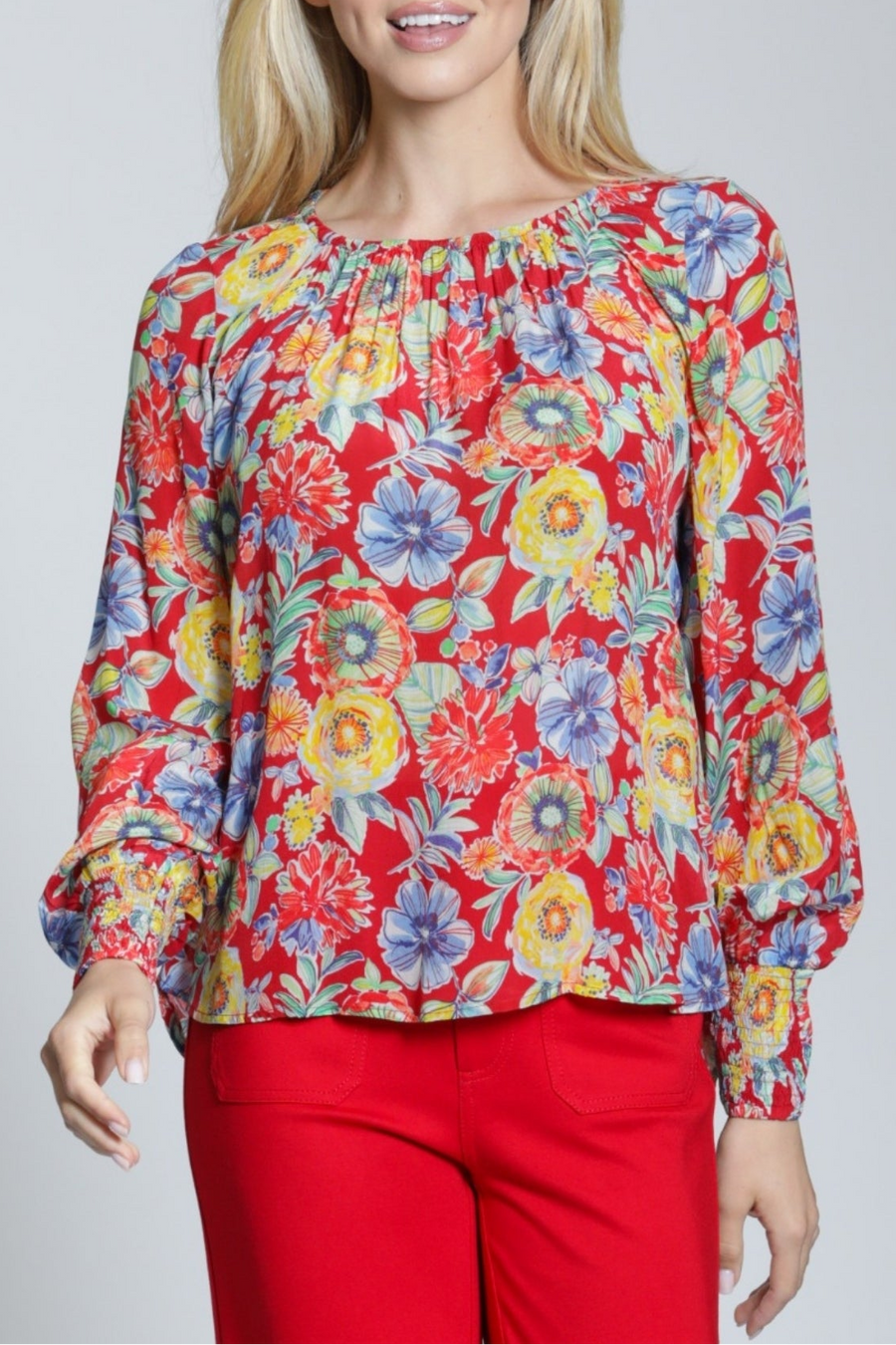 SCARLET BLOOM PULLOVER SMOCKED CUFF TOP
