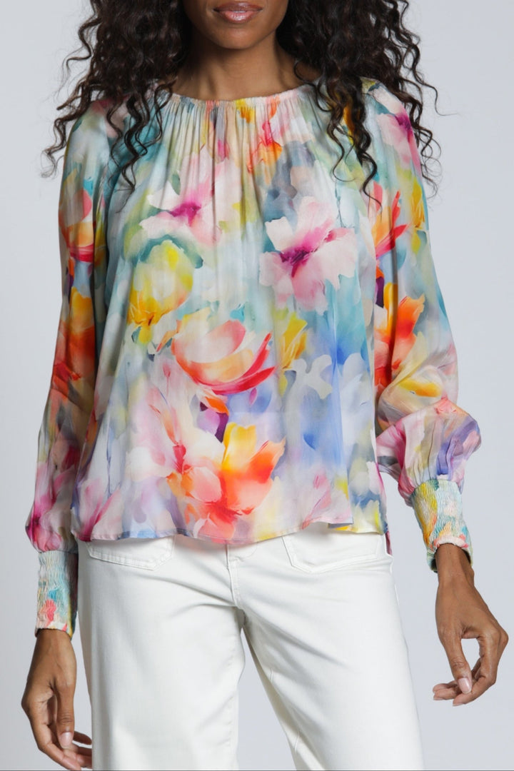 AURORA SWIRL PULLOVER BLOUSE WITH SMOCKED CUFF