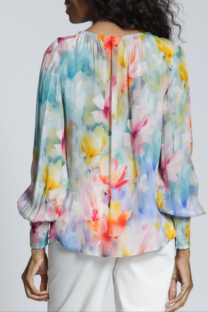 AURORA SWIRL PULLOVER BLOUSE WITH SMOCKED CUFF