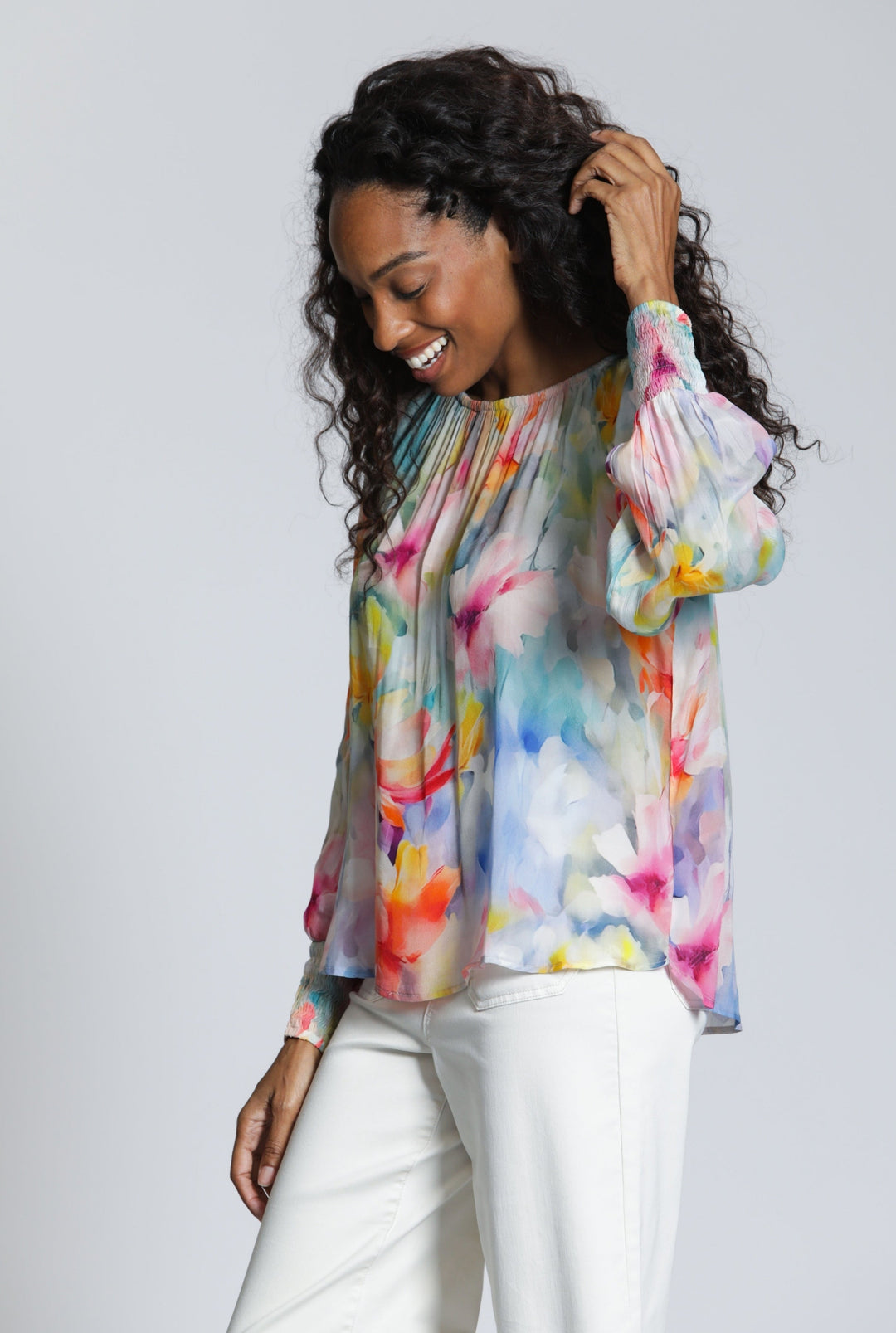 AURORA SWIRL PULLOVER BLOUSE WITH SMOCKED CUFF
