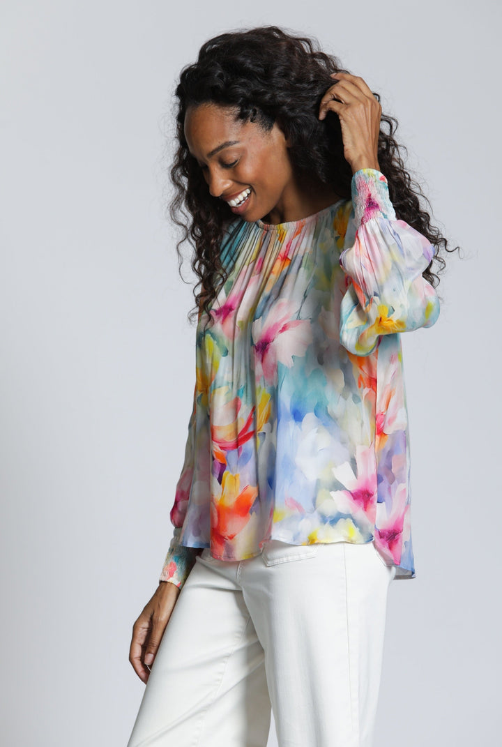 AURORA SWIRL PULLOVER BLOUSE WITH SMOCKED CUFF