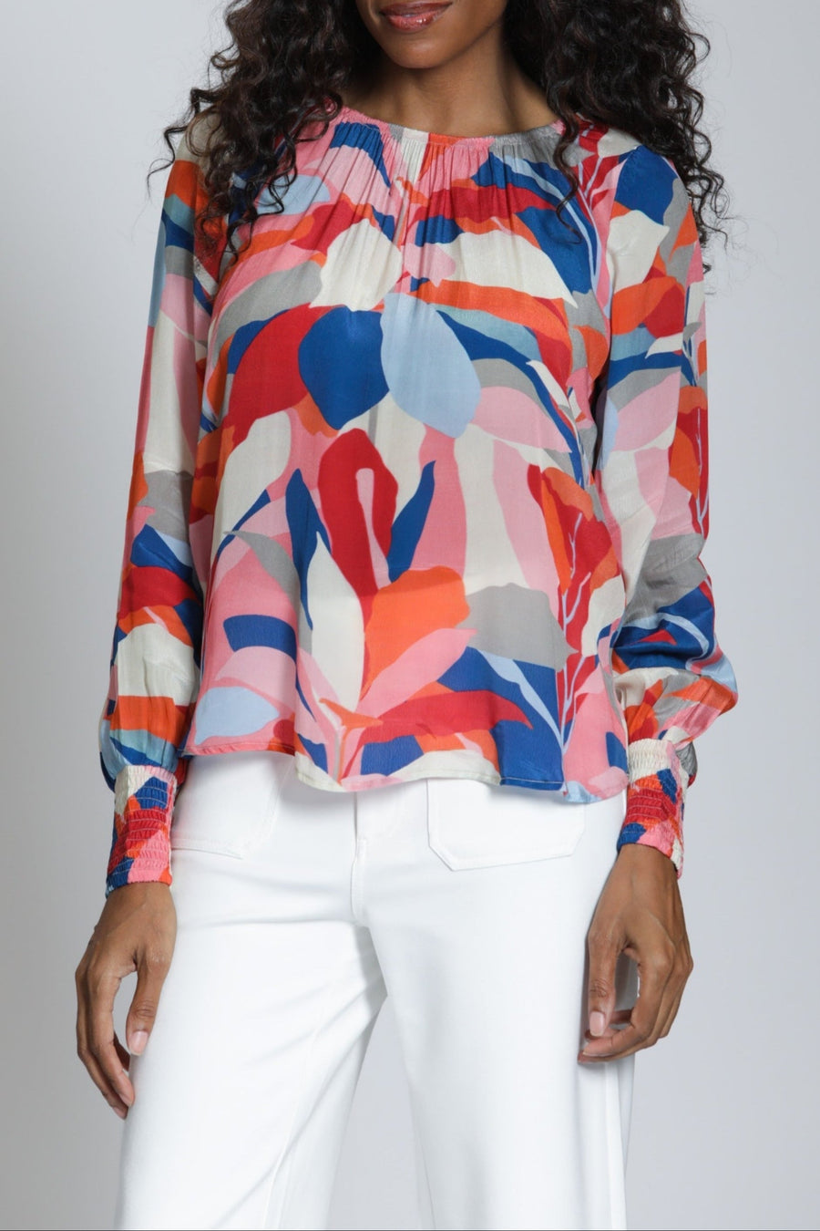 URBAN SPLASH PULLOVER BLOUSE WITH SMOCKED CUFF
