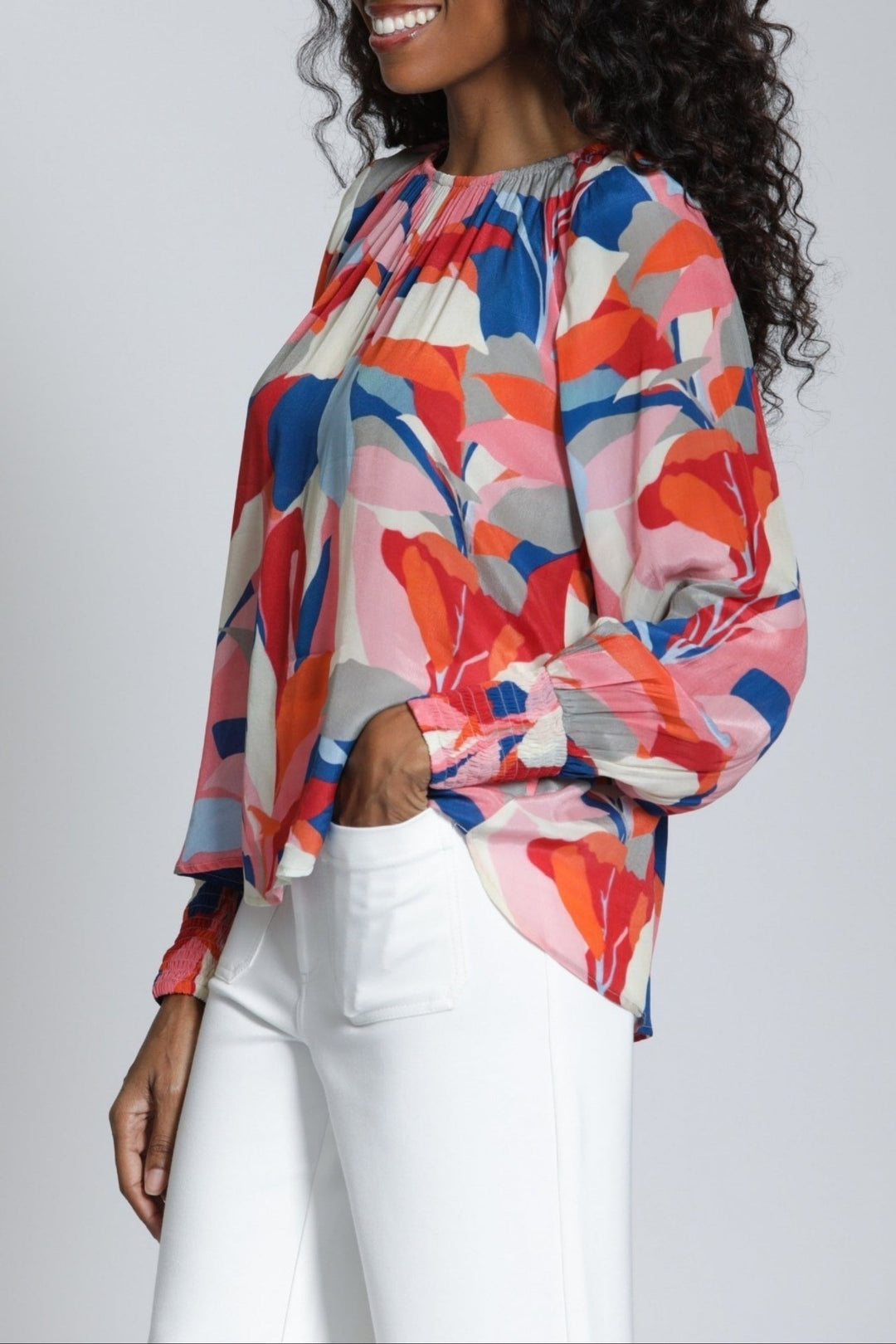 URBAN SPLASH PULLOVER BLOUSE WITH SMOCKED CUFF
