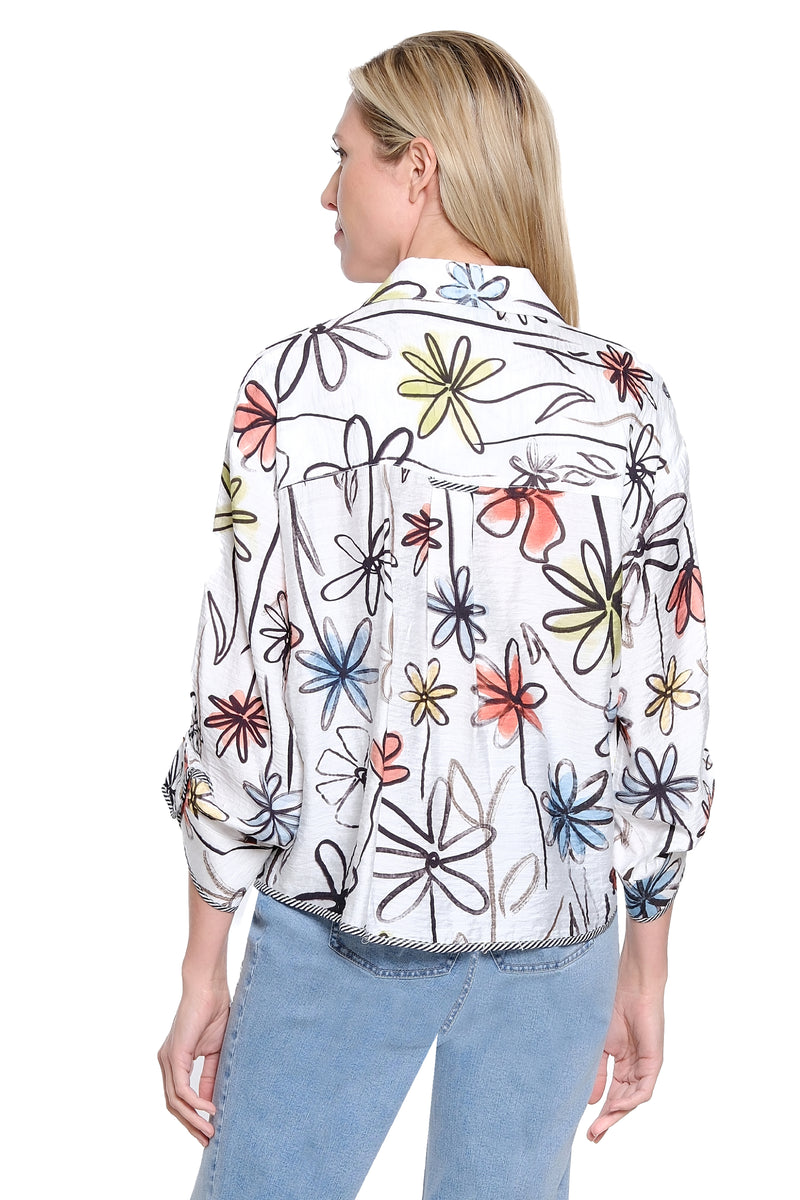 WHIMSY FLOWERS BLOUSE WITH STRIPE TRIM