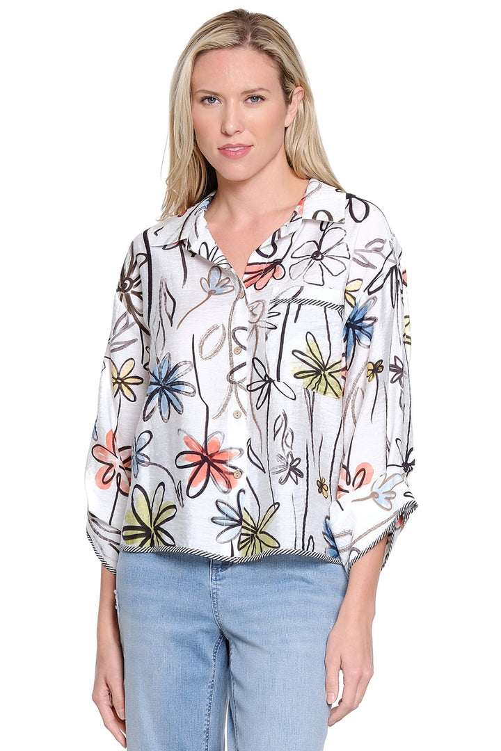 WHIMSY FLOWERS BLOUSE WITH STRIPE TRIM