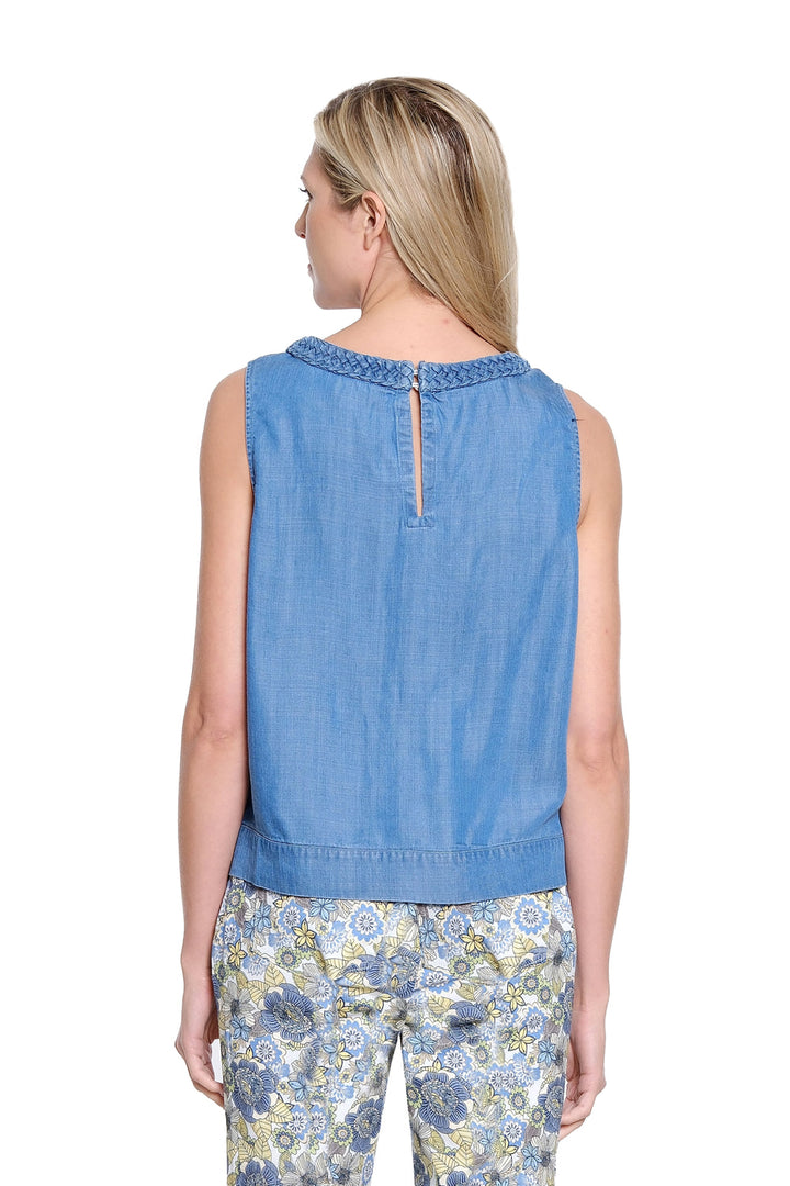 MEDIUM INDIGO SLEEVELESS BOXY TOP WITH BRAIDED TRIM