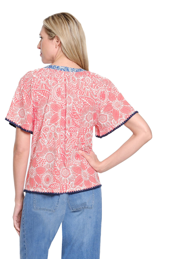 CORAL RED FLORAL SPLIT V-NECK TOP WITH WHIPSTITCH TRIM