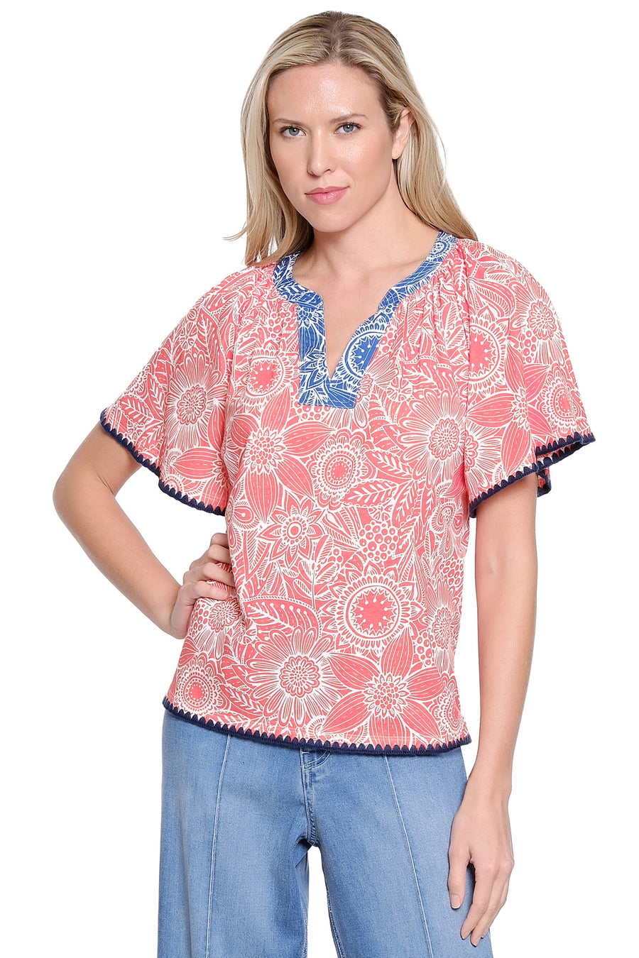 CORAL RED FLORAL SPLIT V-NECK TOP WITH WHIPSTITCH TRIM
